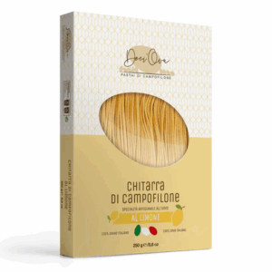 Ambachtelijke Pasta alla Chitarra met citroen uit Campofilone. Frisse smaak, perfect voor lichte sauzen en vis. Klaar in 2 min. Proef Italië met een citrus-twist!