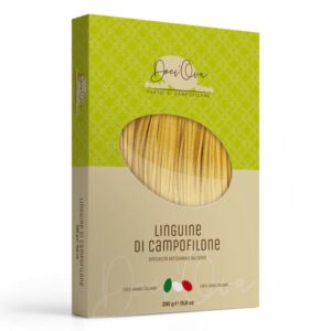 Ambachtelijke Linguine di Campofilone IGP – eierpasta met zijdezachte textuur, flinterdun gesneden en in 1 à 2 minuten klaar. Perfect voor lichte Italiaanse gerechten.