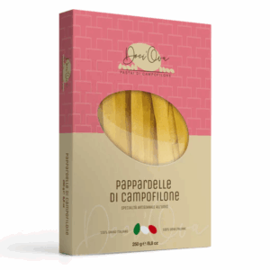 Pappardelle di Campofilone IGP – brede lintpasta van 7–10 eieren per kilo. Ambachtelijk, romig en perfect voor rijke sauzen. Kooktijd: slechts 1–2 minuten.