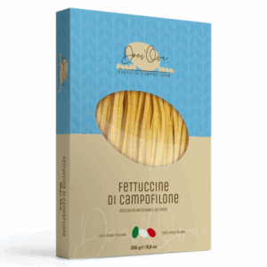 Ambachtelijke Fettuccine di Campofilone IGP – flinterdunne eierpasta met rijke smaak. Slechts 1–2 min. kooktijd. Ideaal voor klassieke of romige Italiaanse pastagerechten.