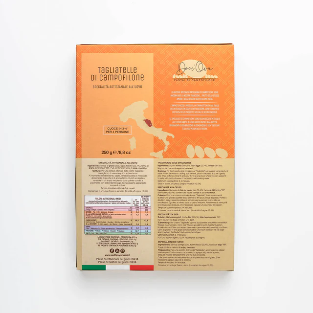 Traditionele Tagliatelle di Campofilone IGP – flinterdunne eierpasta met 7–10 eieren per kilo. Slechts 1–2 min. kooktijd. Ideaal voor rijke sauzen en klassieke pastagerechten.