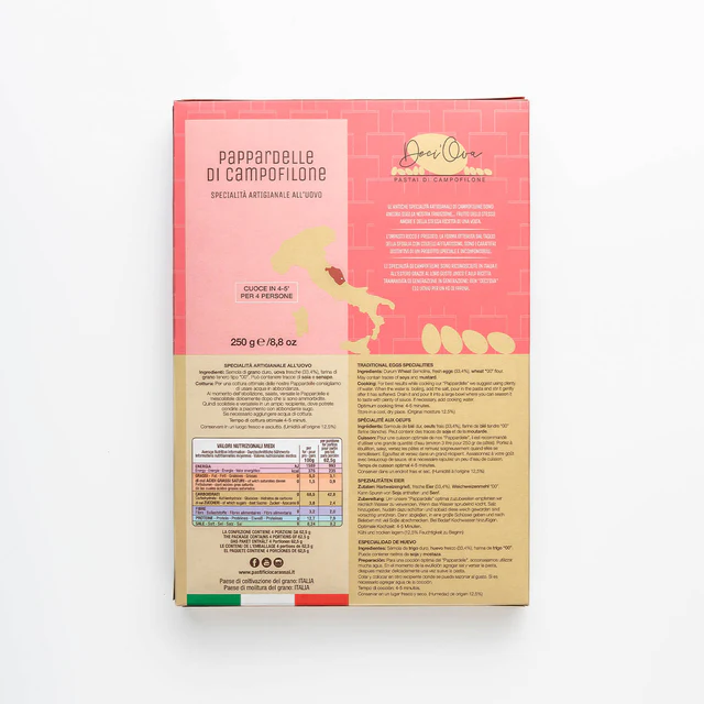 Pappardelle di Campofilone IGP – brede lintpasta van 7–10 eieren per kilo. Ambachtelijk, romig en perfect voor rijke sauzen. Kooktijd: slechts 1–2 minuten.