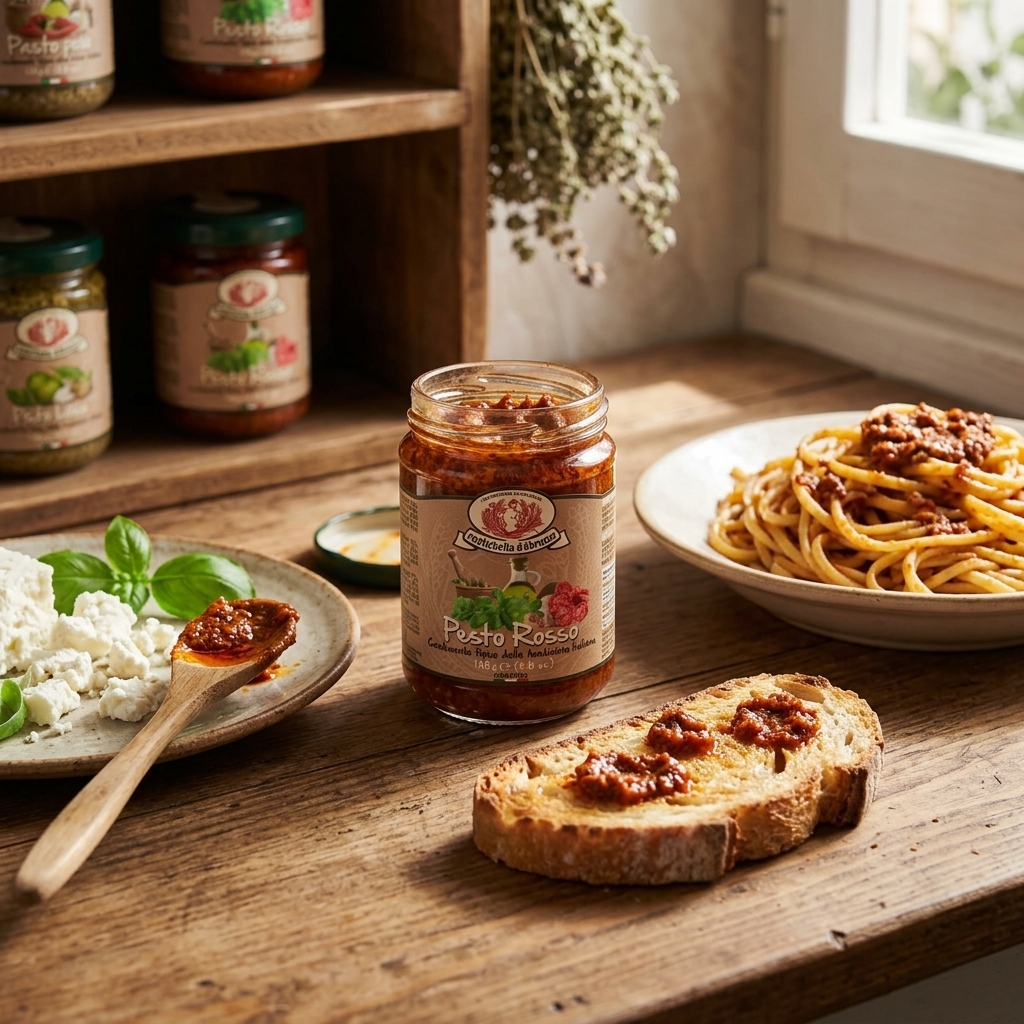 Koop Pesto Rosso van 130 gram. Authentieke Italiaanse rode pesto met zongedroogde tomaten. Heerlijk door pasta, op bruschetta en in mediterrane gerechten.