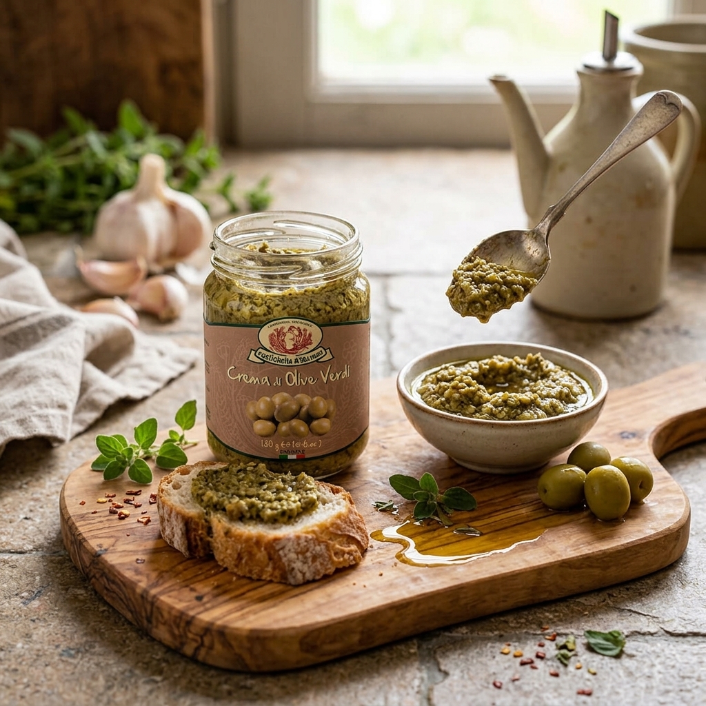 Koop Groene Olijventapenade van 130 gram. Authentieke mediterrane tapenade met groene olijven en olijfolie. Heerlijk op brood, bruschetta en borrelplanken.