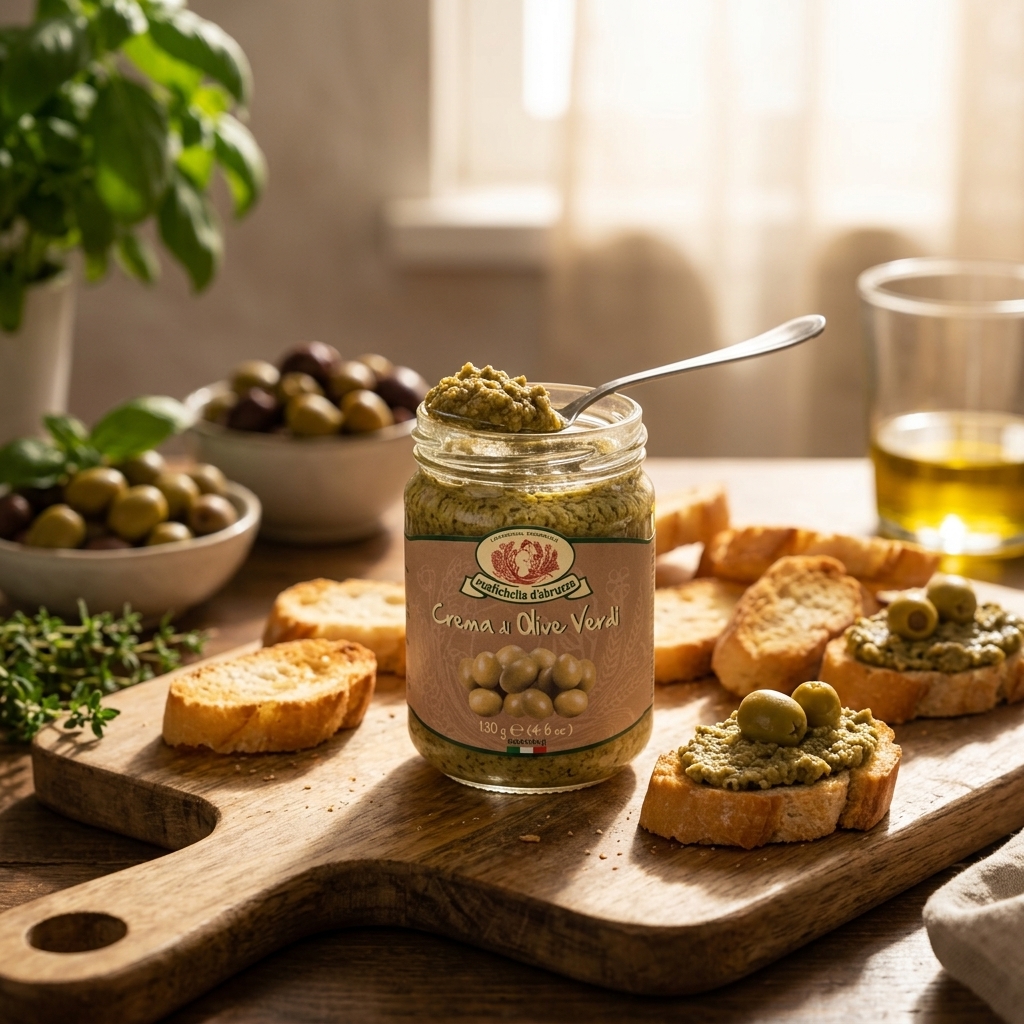 Koop Groene Olijventapenade van 130 gram. Authentieke mediterrane tapenade met groene olijven en olijfolie. Heerlijk op brood, bruschetta en borrelplanken.