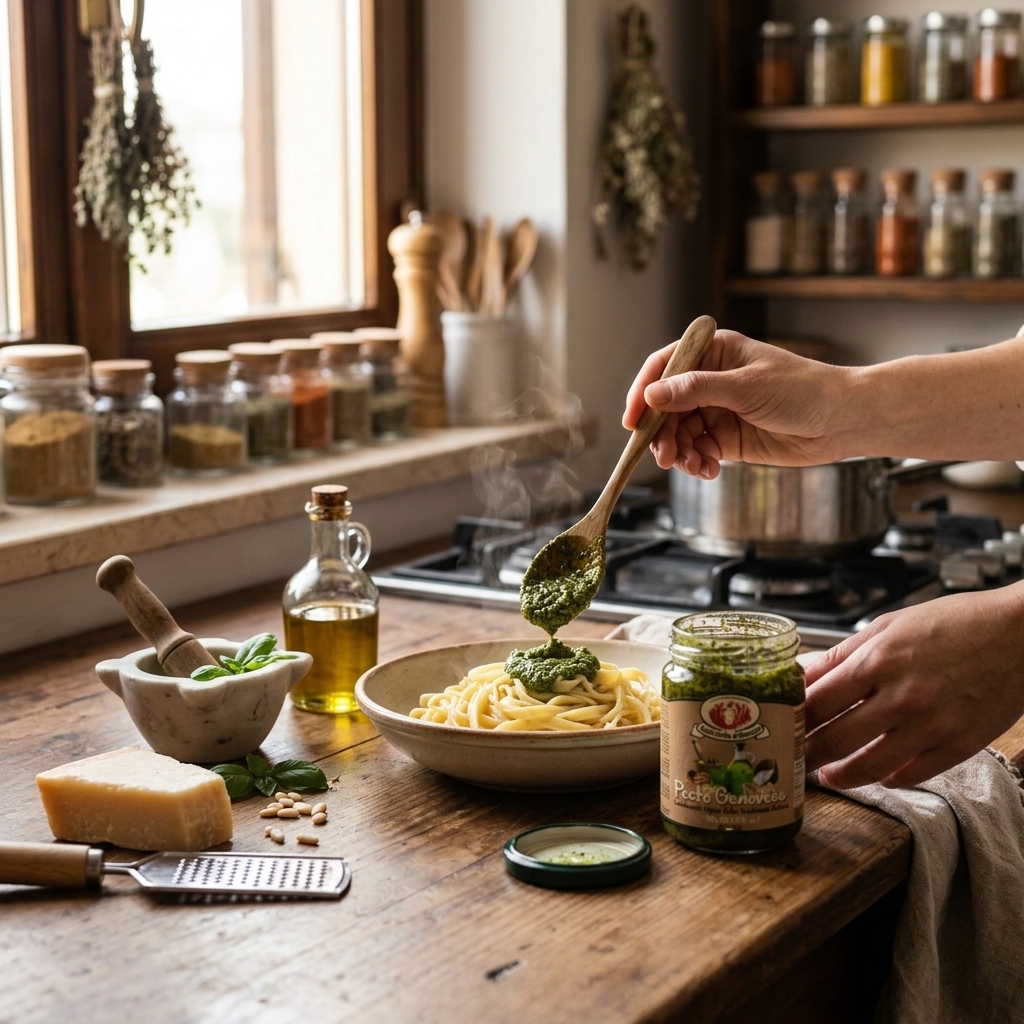 Koop Pesto Genovese van 130 gram. Authentieke Italiaanse groene pesto met basilicum. Heerlijk door pasta, op bruschetta en in mediterrane gerechten.