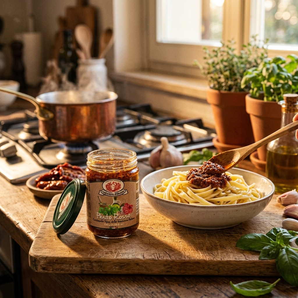 Koop Pesto Rosso van 130 gram. Authentieke Italiaanse rode pesto met zongedroogde tomaten. Heerlijk door pasta, op bruschetta en in mediterrane gerechten.