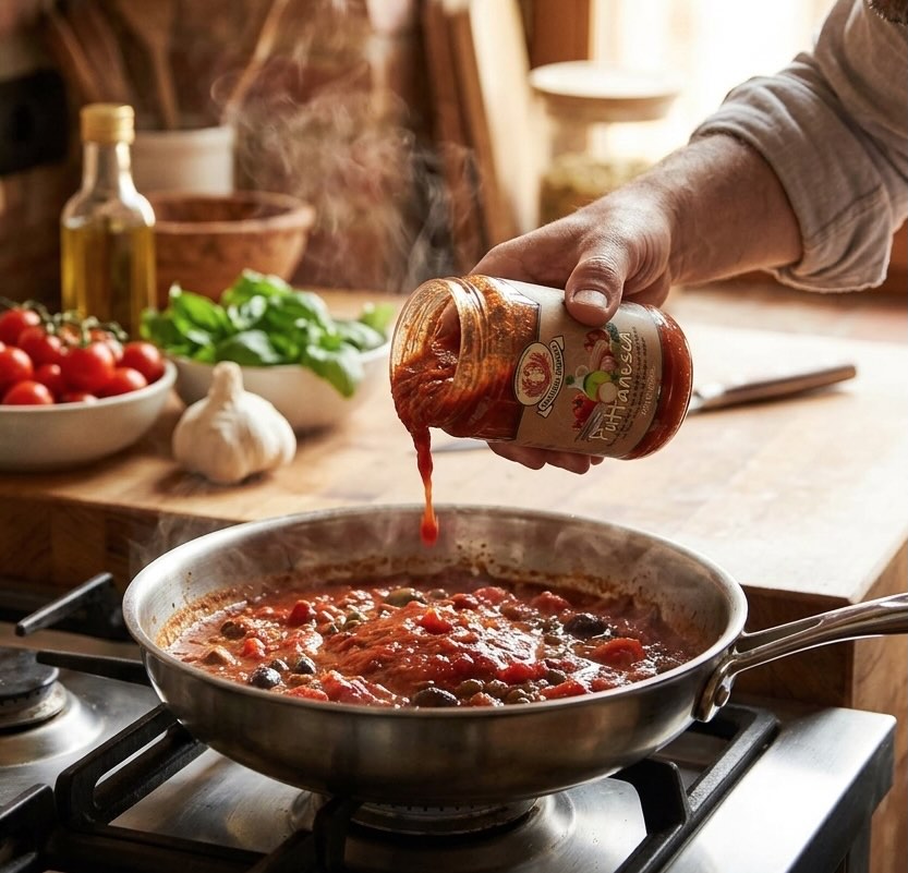 Puttanesca pastasaus met tomaten, olijven, kappertjes en knoflook. Ambachtelijk bereid in Italië. 270g – goed voor 2 personen.