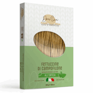 Ambachtelijke fettuccine met ei en brandnetel uit Campofilone. Licht kruidig en verfijnd van smaak. 2 vellen van 125 g, klaar in 2–3 min. Voor 2–3 personen.