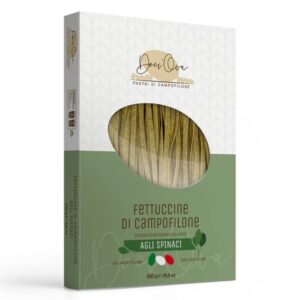 Ambachtelijke fettuccine met ei en spinazie uit Campofilone. Fluweelzachte structuur, groene kleur en rijke smaak. Perfect voor romige sauzen. 250g, goed voor 2–3 personen.