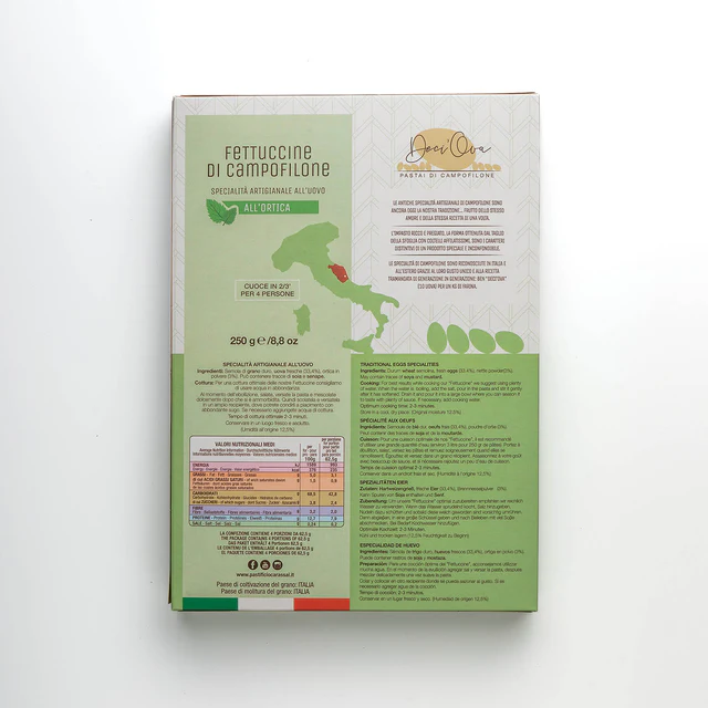 Ambachtelijke fettuccine met ei en brandnetel uit Campofilone. Licht kruidig en verfijnd van smaak. 2 vellen van 125 g, klaar in 2–3 min. Voor 2–3 personen.