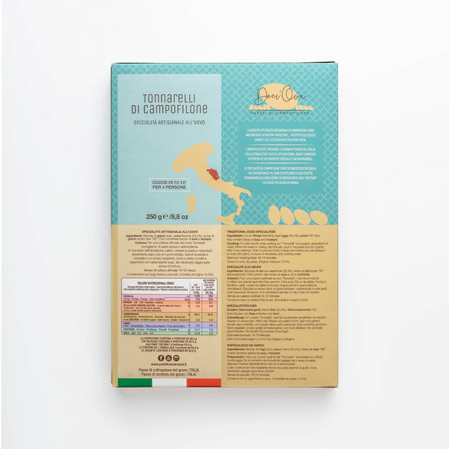 Tonnarelli di Campofilone IGP – stevige, vierkante eierpasta met 7–10 eieren per kilo. Fluweelzacht, ambachtelijk en perfect voor klassieke sauzen. Kooktijd: 1–2 minuten.