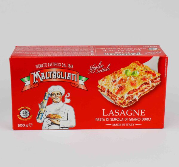 Verpakking van Maltagliati lasagnebladeren - ambachtelijke Italiaanse pastabladen, perfect voor het maken van heerlijke lasagnegerechten thuis.