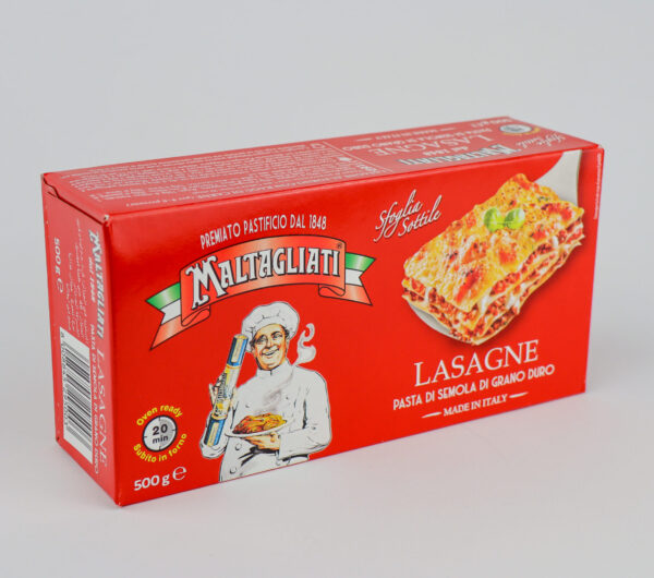Verpakking van Maltagliati lasagnebladeren - ambachtelijke Italiaanse pastabladen, perfect voor het maken van heerlijke lasagnegerechten thuis.