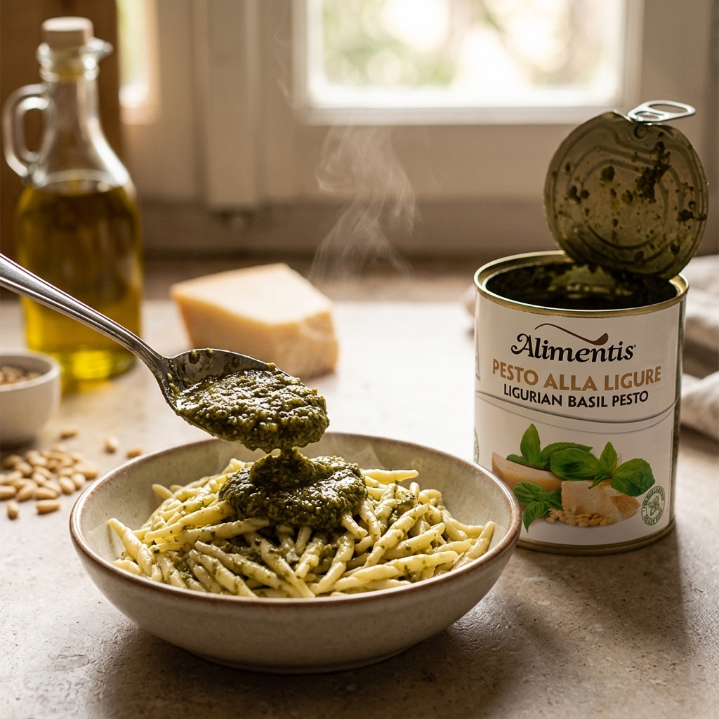 Koop Groene Pesto van 800 gram. Authentieke Italiaanse pesto met frisse kruidige smaak. Heerlijk door pasta, op bruschetta en in mediterrane gerechten.