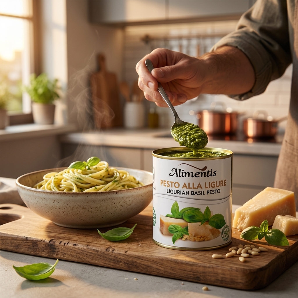 Koop Groene Pesto van 800 gram. Authentieke Italiaanse pesto met frisse kruidige smaak. Heerlijk door pasta, op bruschetta en in mediterrane gerechten.