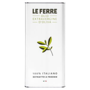 Blik van 5 liter Le Ferre extra vergine olijfolie, afkomstig uit Puglia, Italië. Geschikt voor dagelijks gebruik in de keuken.