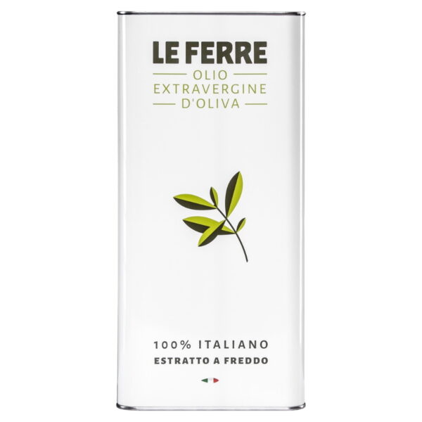 Blik van 5 liter Le Ferre extra vergine olijfolie, afkomstig uit Puglia, Italië. Geschikt voor dagelijks gebruik in de keuken.