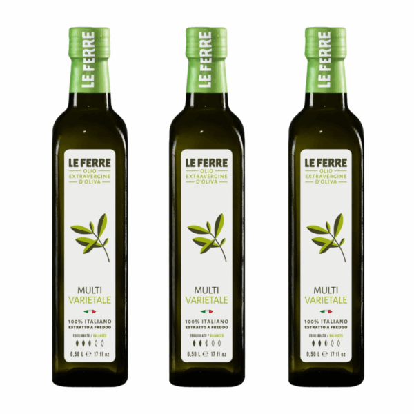 Voordeelbundel van 3 flessen Le Ferre olijfolie (0,5 L). Extra vergine, koudgeperst en geproduceerd in Puglia. Heerlijk mild en veelzijdig.