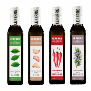 voodeelbundel: Vier op smaak gebrachte Italiaanse olijfolies: rozemarijn, knoflook, peper en basilicum. Perfect voor salades, pizza’s en vleesgerechten.
