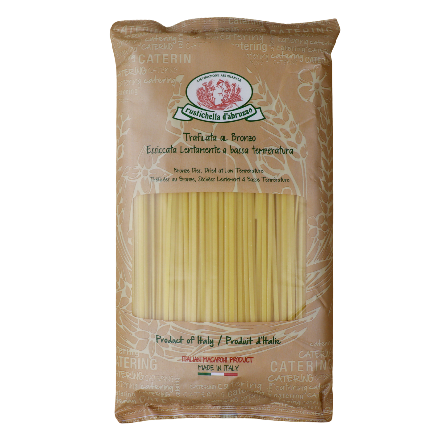 Linguine van Rustichella d’Abruzzo (1,5 kg). Ambachtelijke Italiaanse pasta van durum tarwe met perfecte al dente beet. Ideaal voor visgerechten en pesto.