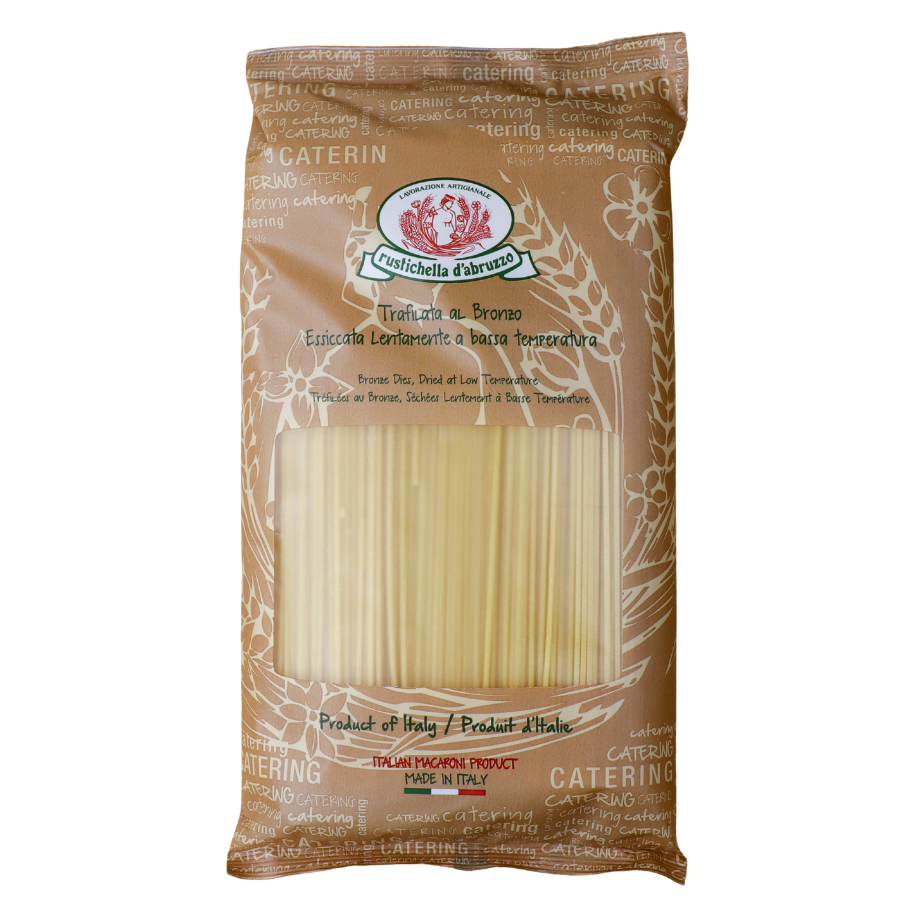 Spaghetti van Rustichella d’Abruzzo (1,5 kg). Ambachtelijke Italiaanse pasta van durum tarwe met perfecte al dente beet. Ideaal voor carbonara, bolognese.