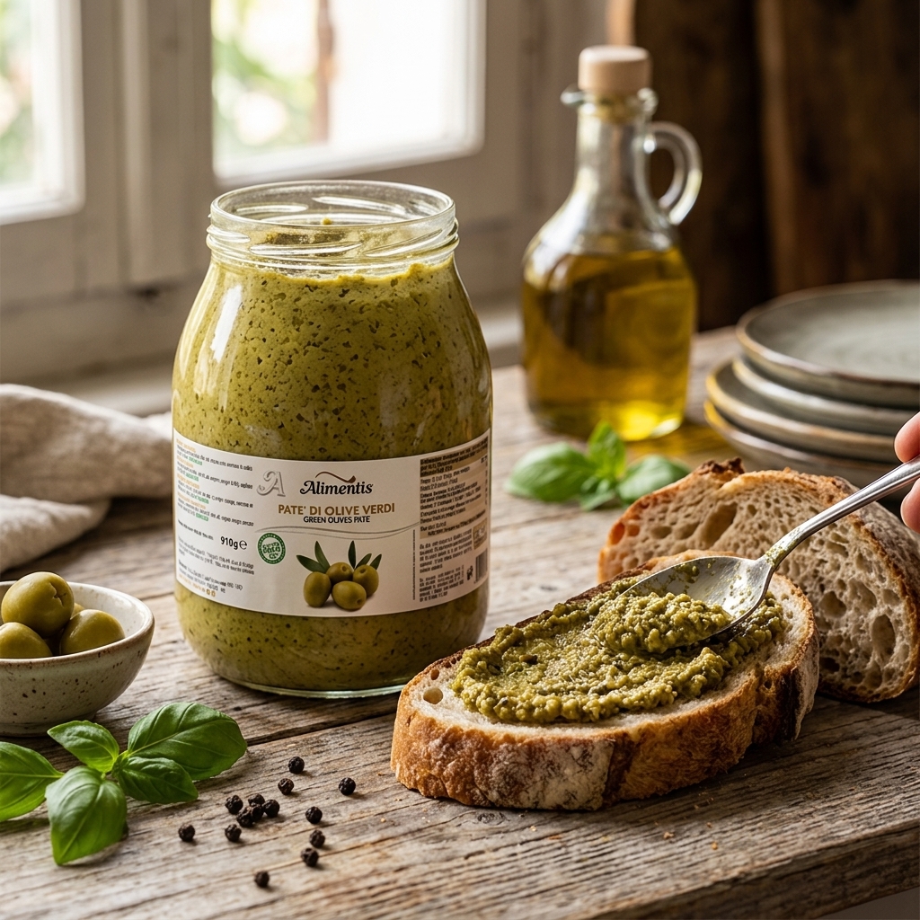 Koop groene olijven tapenade van 910 gram. Smeuïge mediterrane specialiteit met olijfolie. Heerlijk op brood, bruschetta en borrelplanken.