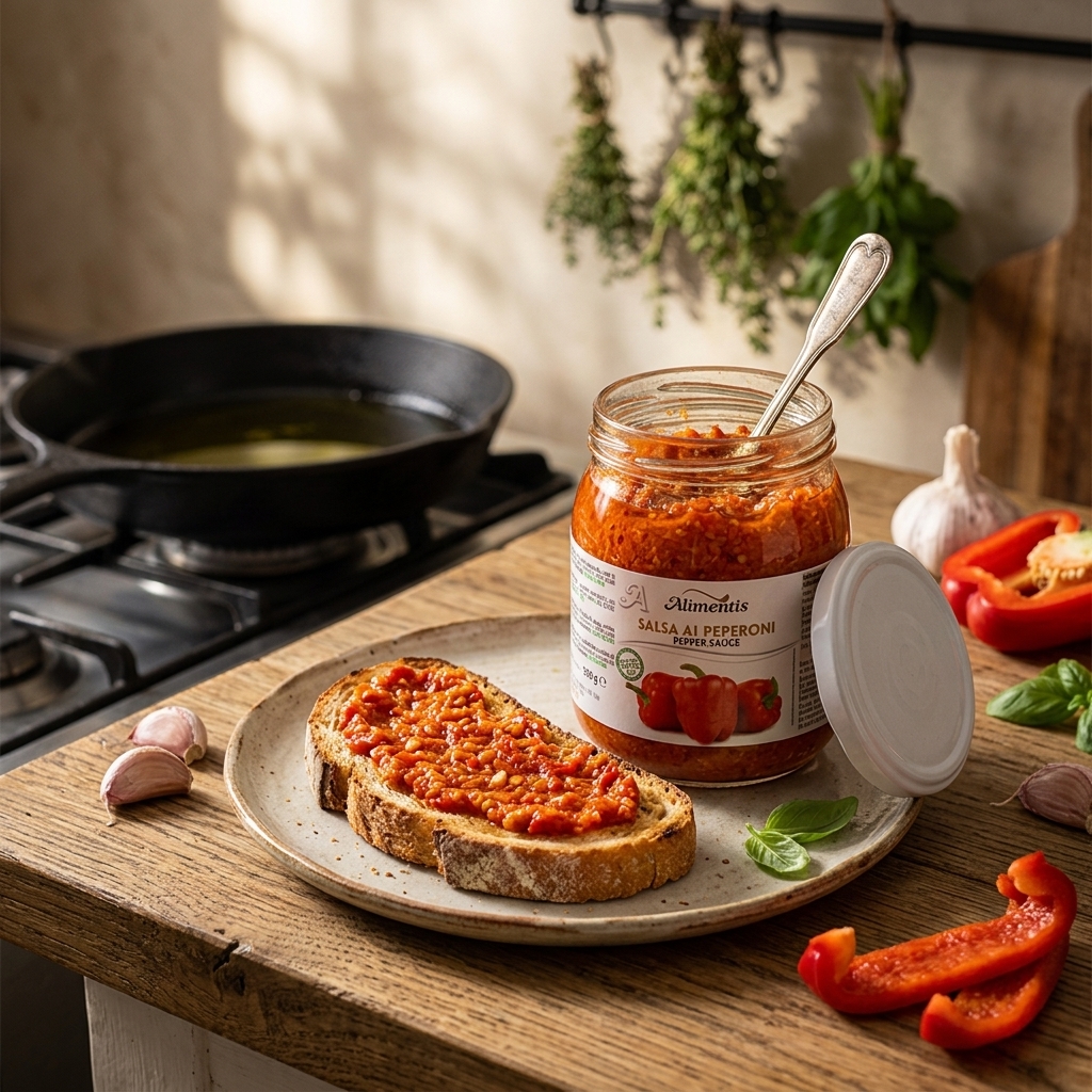 Koop Peperoni Tapenade van 500 gram. Smaakvolle tapenade op basis van rode pepers. Heerlijk op bruschetta, sandwiches, pizza en mediterrane gerechten.