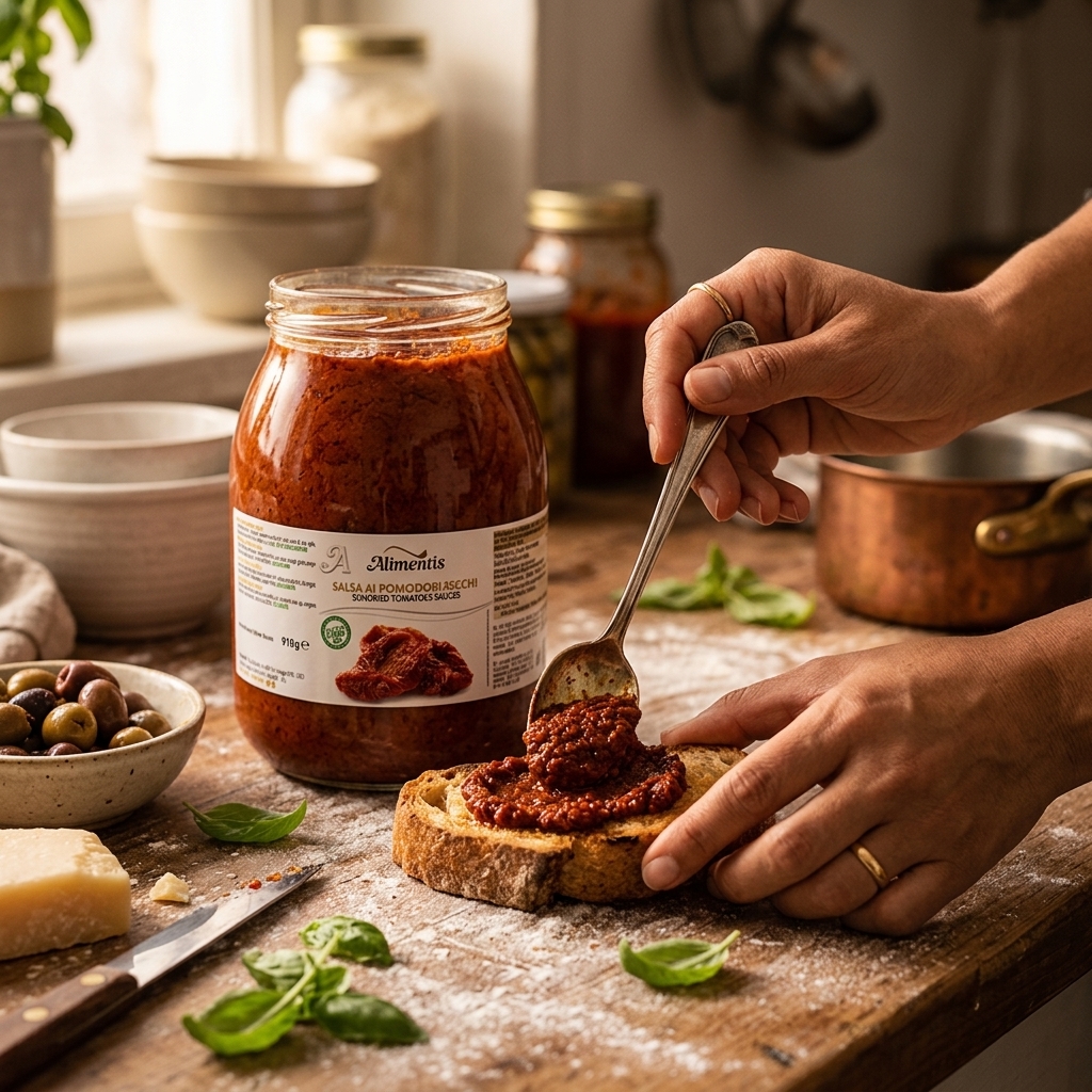 Koop zongedroogde tomaten tapenade van 910 gram. Authentieke mediterrane specialiteit met intense tomatensmaak. Heerlijk op bruschetta, sandwiches en in pastasauzen.