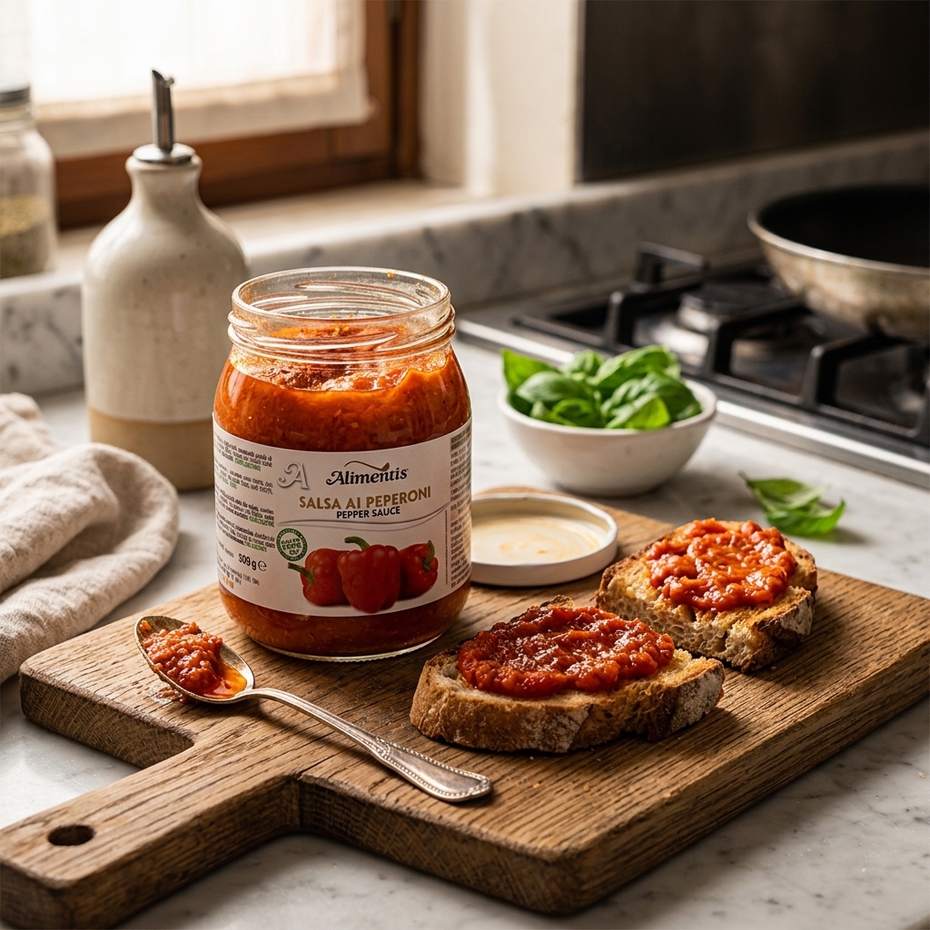 Koop Peperoni Tapenade van 500 gram. Smaakvolle tapenade op basis van rode pepers. Heerlijk op bruschetta, sandwiches, pizza en mediterrane gerechten.