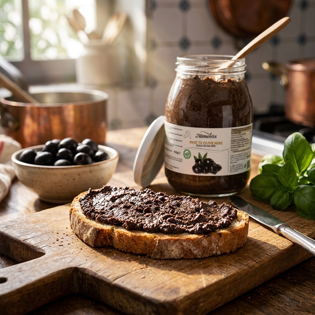 Koop zwarte olijven tapenade van 910 gram. Smeuïge mediterrane specialiteit met olijfolie en rijke olijfsmaak. Heerlijk op brood, bruschetta en borrelplanken.