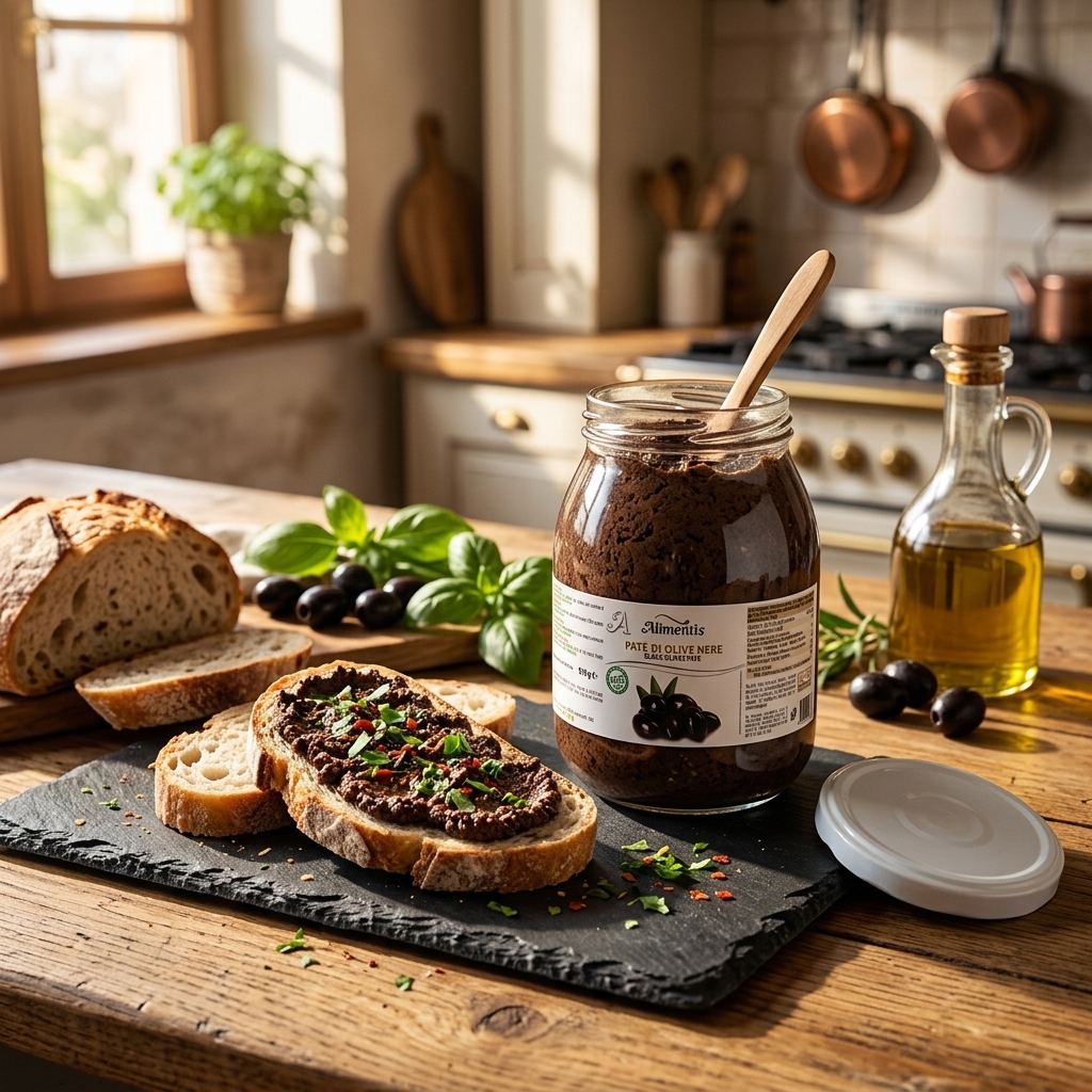 Koop zwarte olijven tapenade van 910 gram. Smeuïge mediterrane specialiteit met olijfolie en rijke olijfsmaak. Heerlijk op brood, bruschetta en borrelplanken.