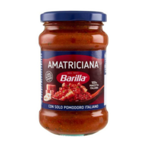 Koop Barilla Amatriciana Pastasaus. Authentieke Italiaanse tomatensaus met pancetta en kruiden. Perfect voor bucatini, spaghetti en klassieke pastagerechten.