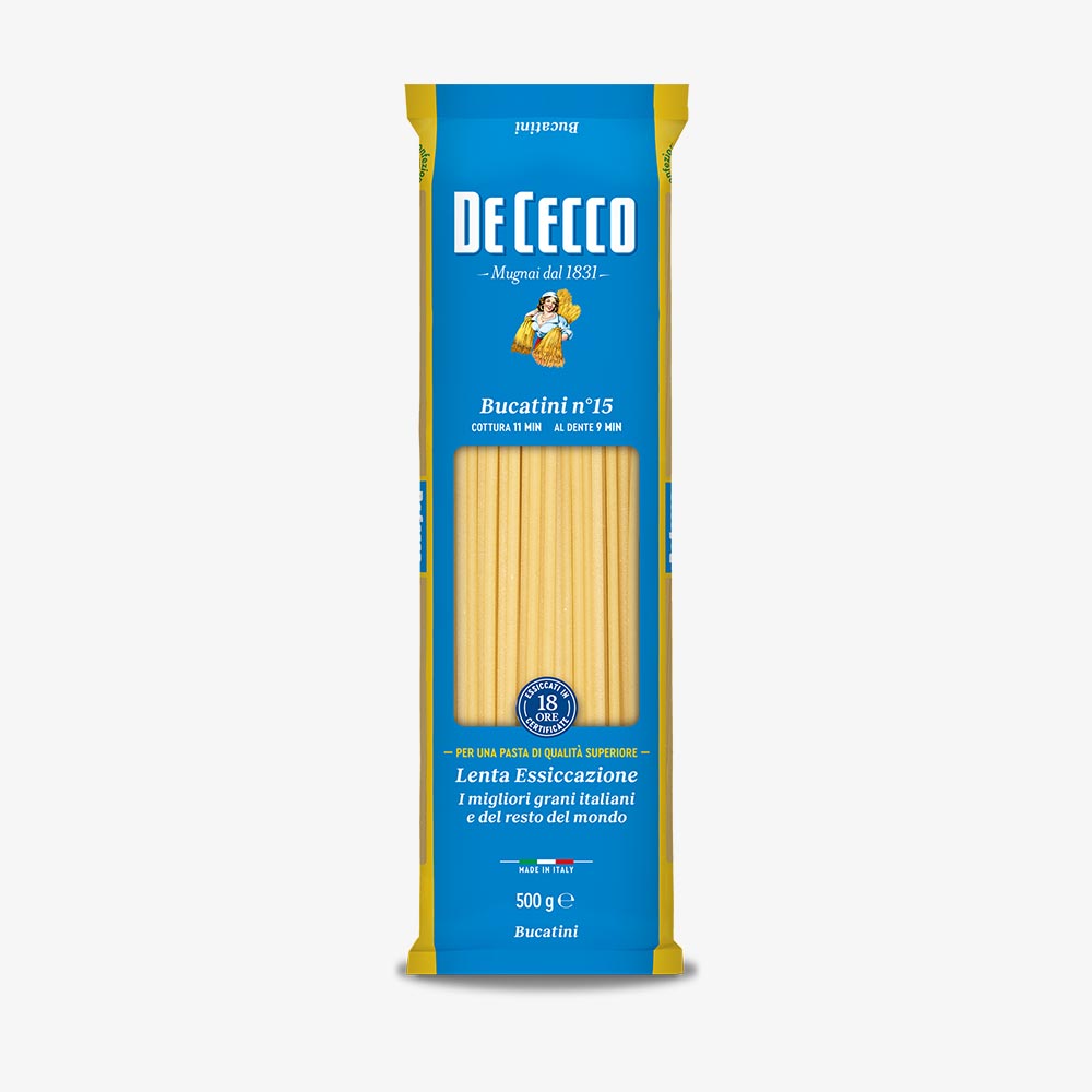 Ontdek De Cecco Bucatini, authentieke Italiaanse pasta van hoogwaardige durumtarwe met stevige al dente beet. Perfect voor amatriciana, carbonara en rijke sauzen.