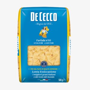Ontdek De Cecco Farfalle, authentieke Italiaanse strikjespasta van hoogwaardige durumtarwe met stevige al dente beet. Perfect voor pesto, salades en romige sauzen.