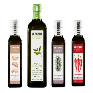 Olijfolie basic pakket met 4 flessen: naturel, knoflook, rozemarijn en peper. Extra vergine uit Italië, ideaal voor koken en smaakvolle gerechten.