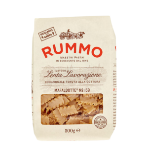 Ontdek Rummo Mafaldotte, authentieke Italiaanse lintpasta van hoogwaardige durumtarwe met stevige al dente beet. Perfect voor ragù, truffel en rijke sauzen.