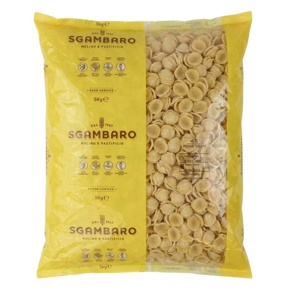 Koop Sgambaro Orecchiette 5kg. Authentieke Italiaanse pasta van 100% Italiaanse durum tarwe. Perfect voor groenten, pesto en traditionele Italiaanse recepten.