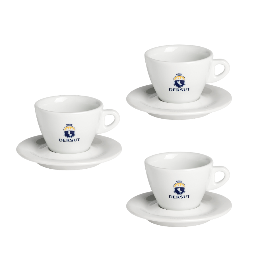 Koop Dersut Espresso Kop en Schotel set van 3. Originele Italiaanse espressokopjes van hoogwaardig porselein. Perfect voor een authentieke espresso beleving.