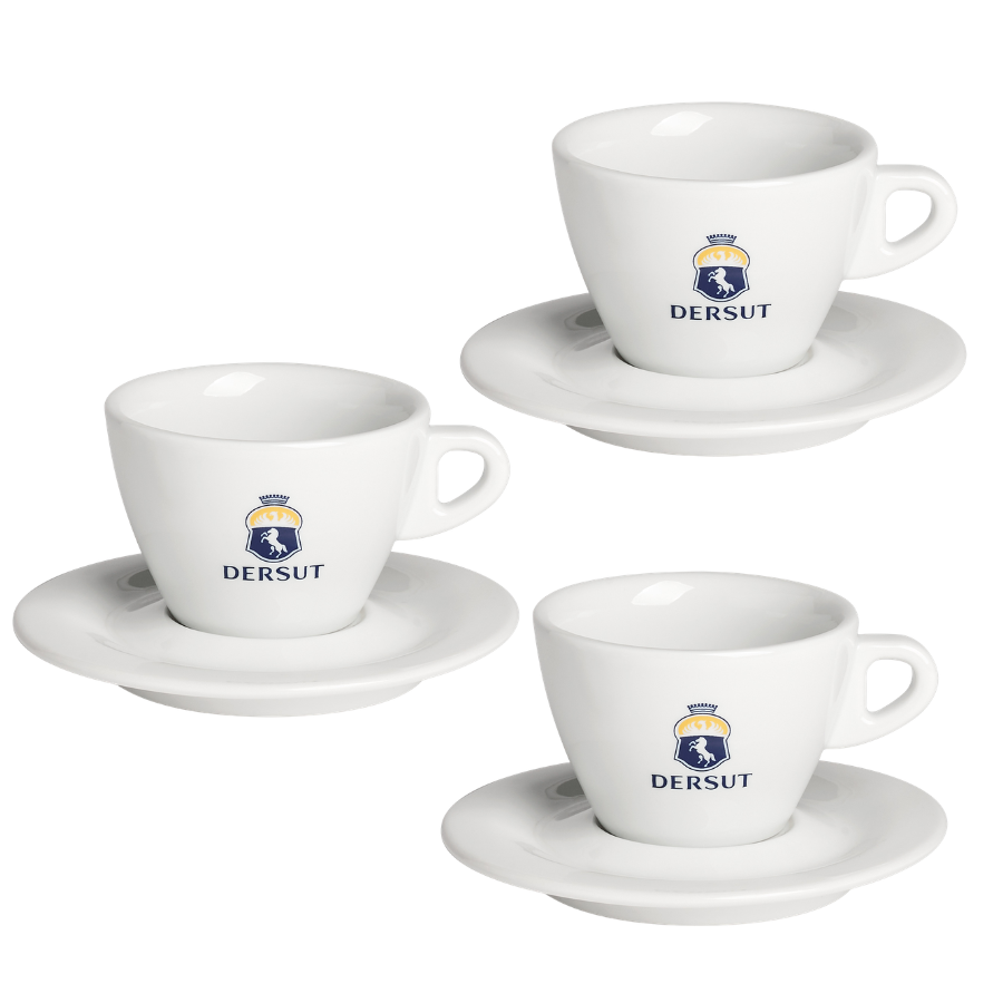 Koop Dersut Cappuccino Kop en Schotel set van 3. Originele Italiaanse cappuccinokopjes van hoogwaardig porselein. Perfect voor cappuccino en koffiespecialiteiten.