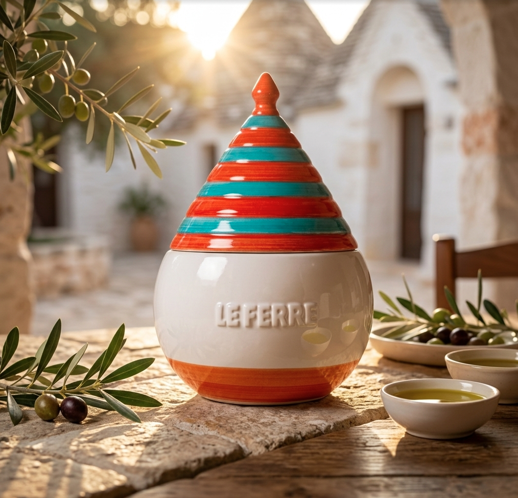 Ontdek Truttulà van Le Ferre: handgemaakt keramiek uit Puglia, gevuld met 100% Italiaanse extra vergine olijfolie. Een bijzonder Italiaans cadeau.