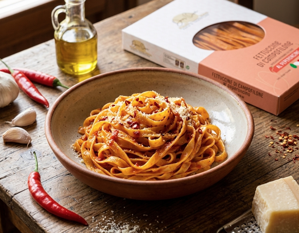 Ontdek Fettuccine al Peperoncino uit Campofilone: fijne Italiaanse eierpasta van Leonardo Carassai met chilipeper en een subtiel pittig karakter.