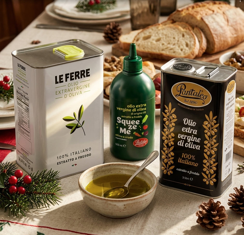 Italiaanse olijfolie op kersttafel