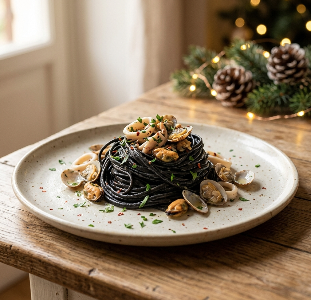 Zwarte linguine met vis of zeevruchten
