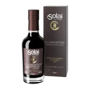 Fles Aceto Balsamico Allsangiovese 250ml van I Solai di San Giorgio, Italiaanse balsamico gemaakt van Sangiovese-druiven.